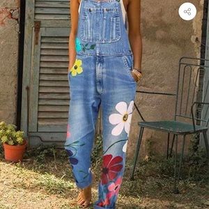Distressed Denim Overall/Jumpsuit  floral print